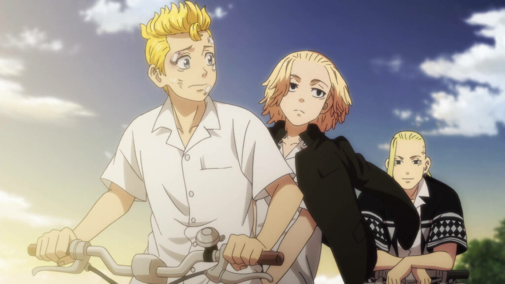 Takemichi and Mikey ride a bicycle with Draken nearby anime friendship scene wallpaper background