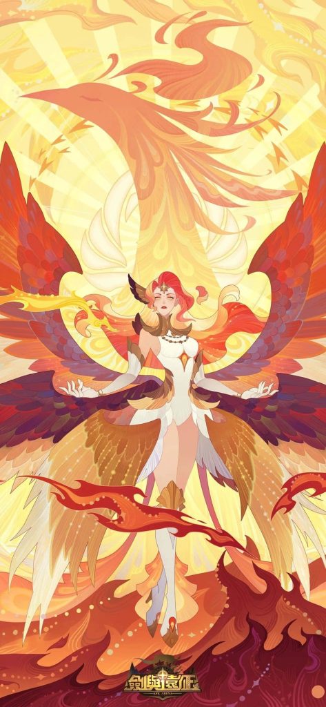 AFK Arena Talene Awakened Phoenix wallpaper with fiery wings and sunburst gold crimson background