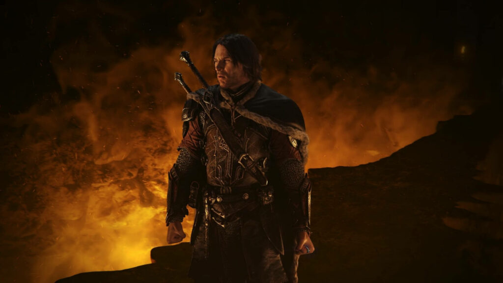The Fierce Guardian: Talion in Heavy Armor Amidst Gorgoroth's Volcanic Plateau Wallpaper