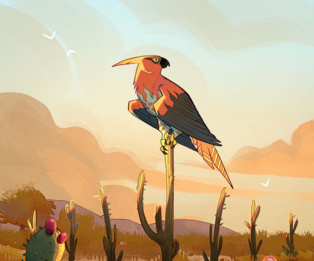 Talonflame Wallpaper: Fiery Bird Over Serene Desert Landscape