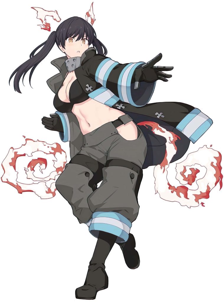 Action-packed anime artwork of Tamaki Kotatsu in dynamic pose with cat fire effects and tactical uniform Wallpaper