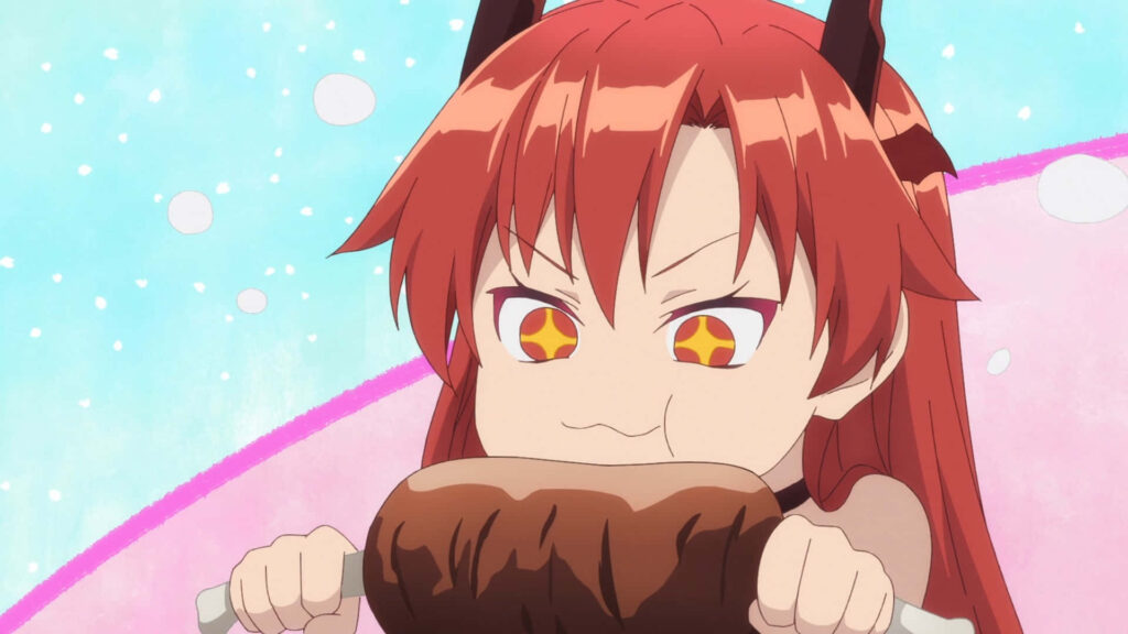 Tania from Beast Tamer biting large meat with determined look on colorful pastel background wallpaper