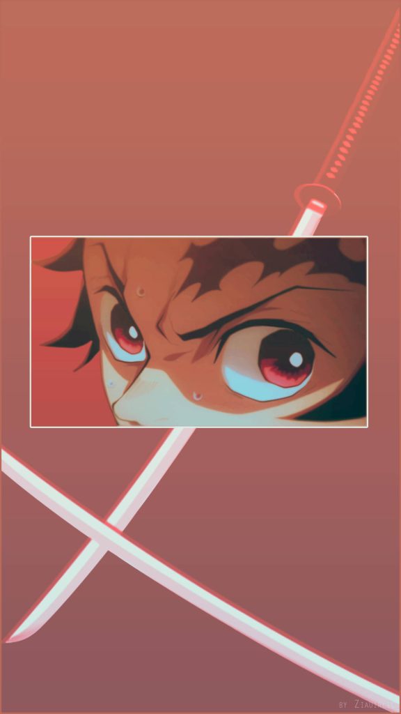 Close-up of Tanjiro Kamado eyes with katana on minimalist red Demon Slayer wallpaper background