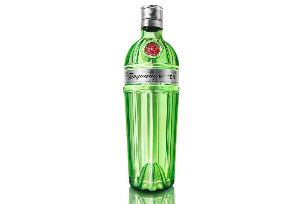 Tanqueray No Ten Gin bottle studio wallpaper green glass metallic cap white background