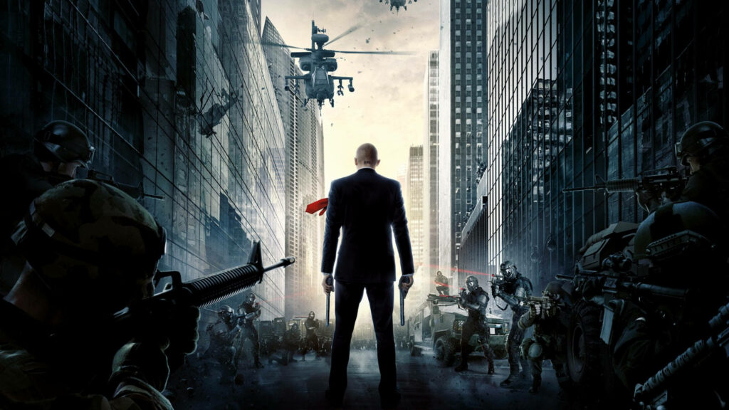 The Ultimate Showdown: Hitman's Agent 47 Faces a Barrage of Ground and Air Assaults in Stunning 4K Backdrop Wallpaper