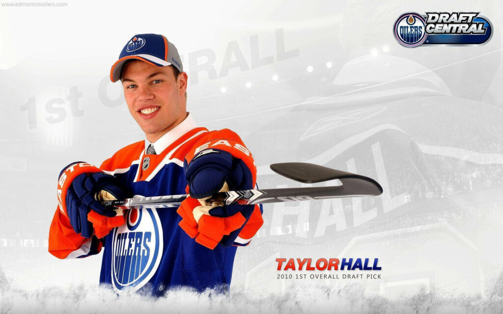Taylor Hall Edmonton Oilers No 29 jersey draft celebration vibrant blue orange wallpaper background