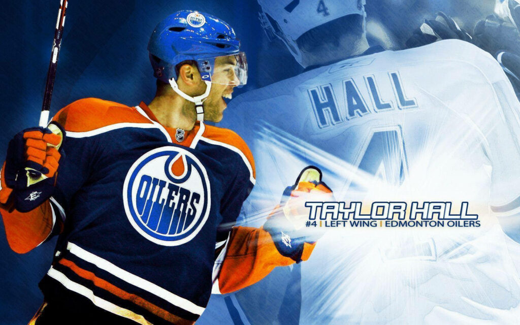 Taylor Hall Edmonton Oilers hockey wallpaper dynamic action shot blue background sports gear