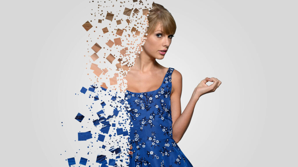Taylor Swift in floral blue dress with electric square fragments dissolving right side effect wallpaper