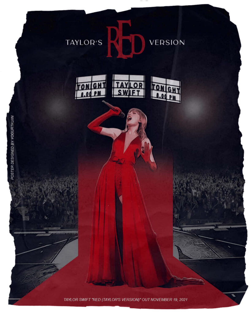 Taylor Swift in red dress on stage Red Taylor’s Version poster wallpaper vibrant energy elegance