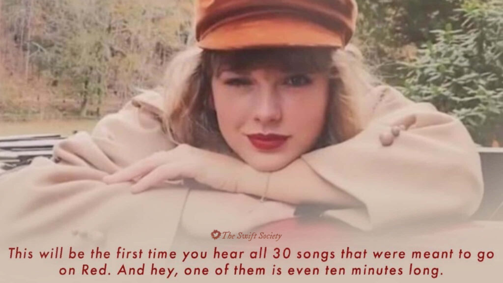 Taylor Swift in autumn outfit Red Taylor's Version wallpaper with all 30 songs including extended track
