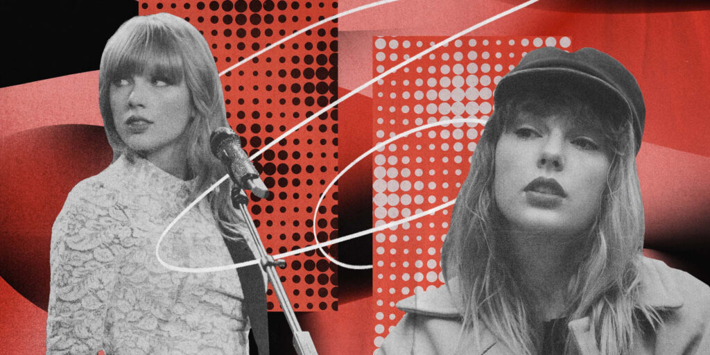 Taylor Swift Red Taylor's Version retro collage wallpaper with black white portraits and red accents