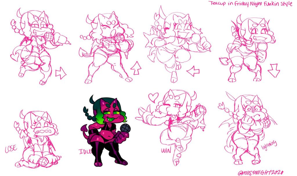 Teacup demon character sheet in Friday Night Funkin style showing expressive poses wallpaper