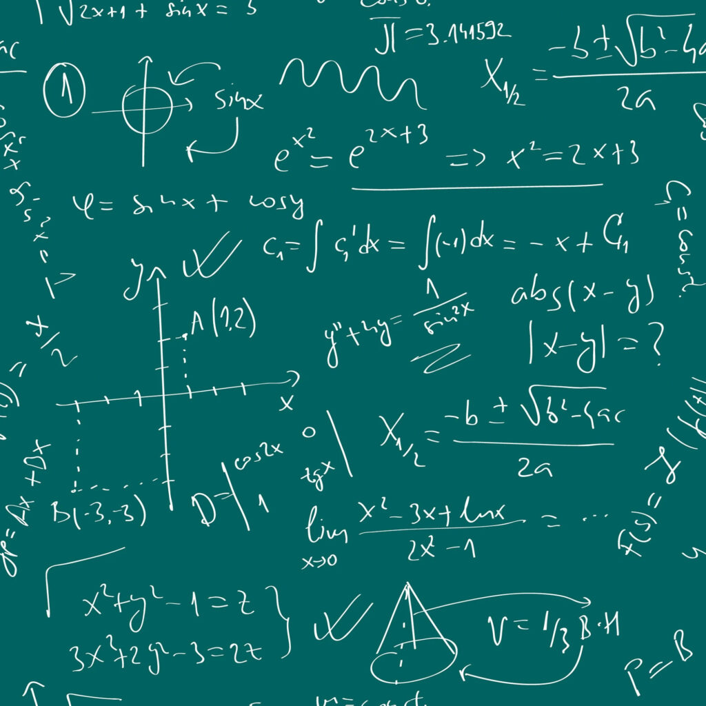 Teal chalkboard wallpaper with handwritten algebra calculus trigonometry formulas and graphs