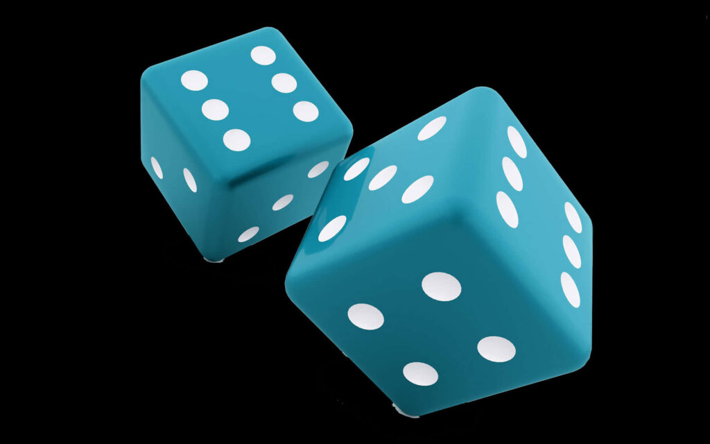Two teal dice with white dots on black background minimalist 3D smooth rounded edges wallpaper