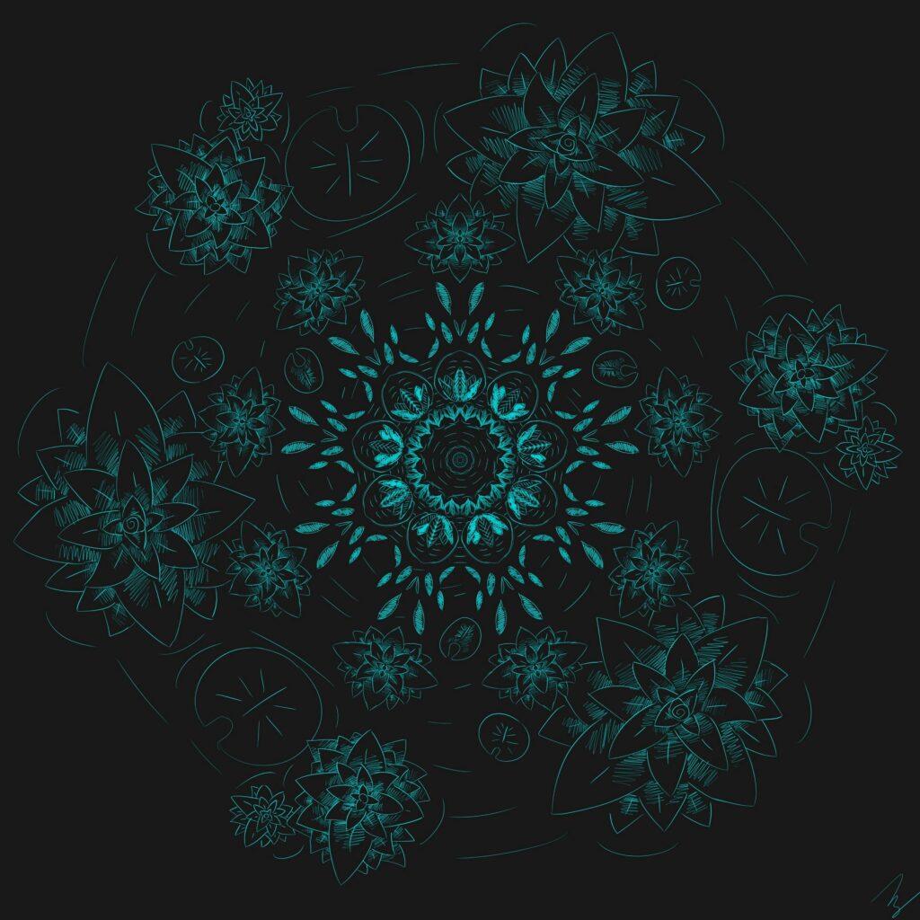 Teal Floral Fractal Wallpaper: Intricate Abstract Design on Dark Background
