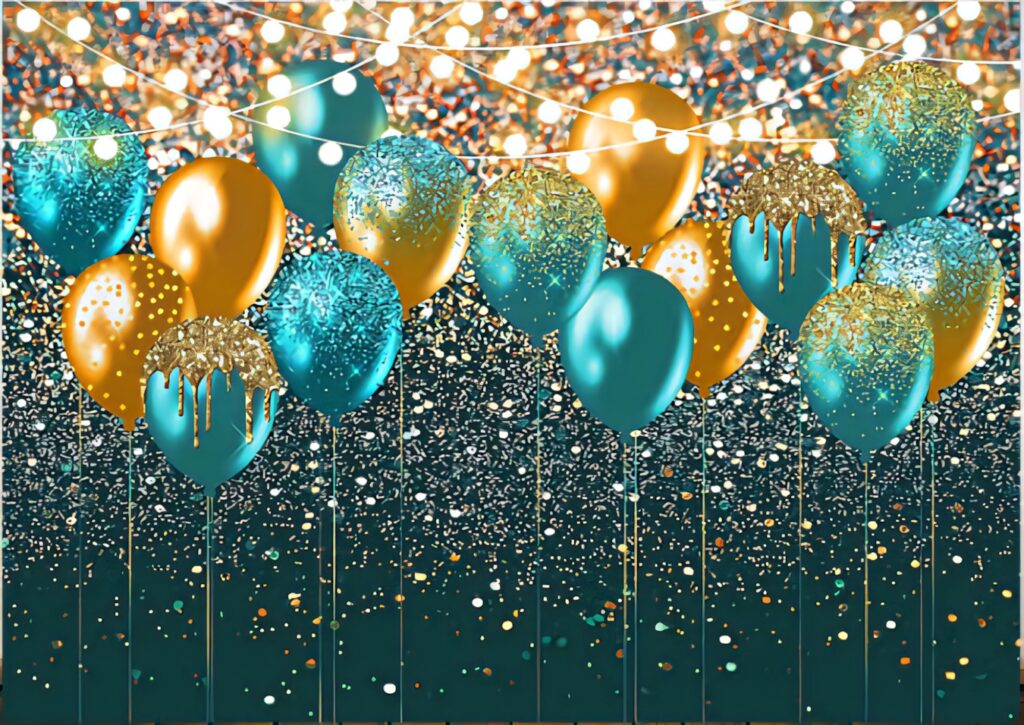 Teal and gold balloons with sparkling string lights festive wallpaper background for parties