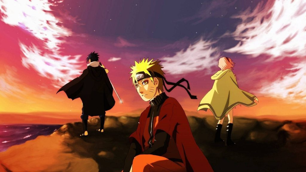 Team 7 Naruto anime wallpaper Naruto Sasuke Sakura on rocky cliff vibrant sunset background