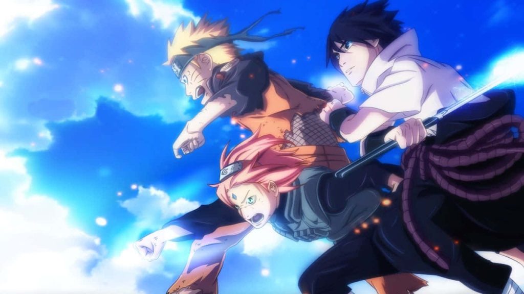 Team 7 anime wallpaper Naruto Sasuke Sakura in action pose vibrant blue sky glowing light effects