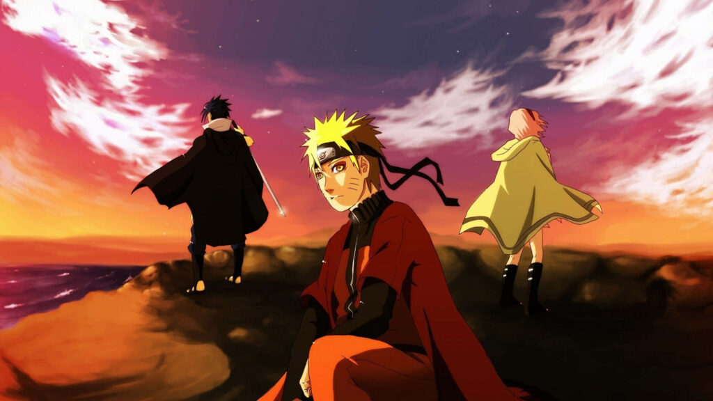 Vibrant Trio: Naruto, Sasuke, and Sakura Unite in Team 7's Splendid Colors - Naruto Team 7 Background Image Wallpaper