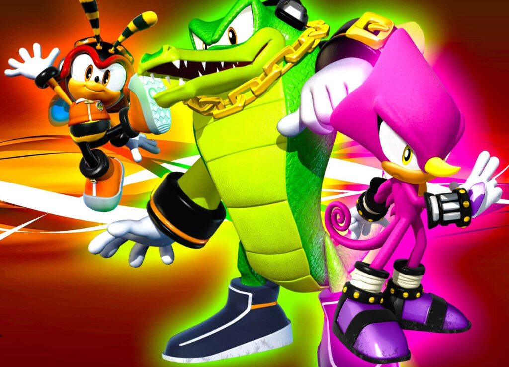 Team Chaotix Sonic the Hedgehog wallpaper with Vector Espio Charmy neon dynamic poses background