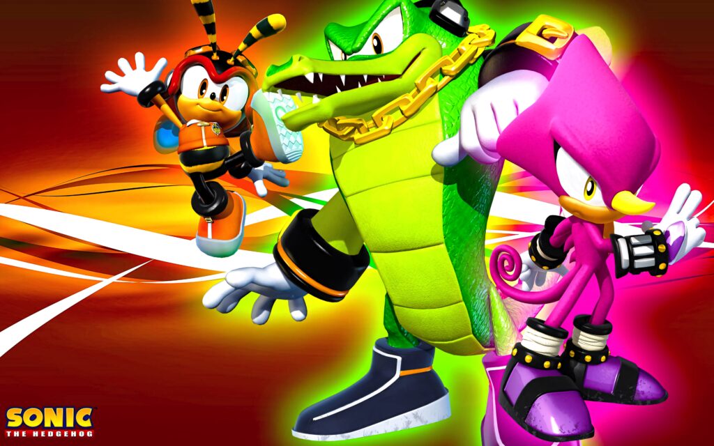 Team Chaotix Sonic the Hedgehog wallpaper with Vector Espio Charmy dynamic red orange background