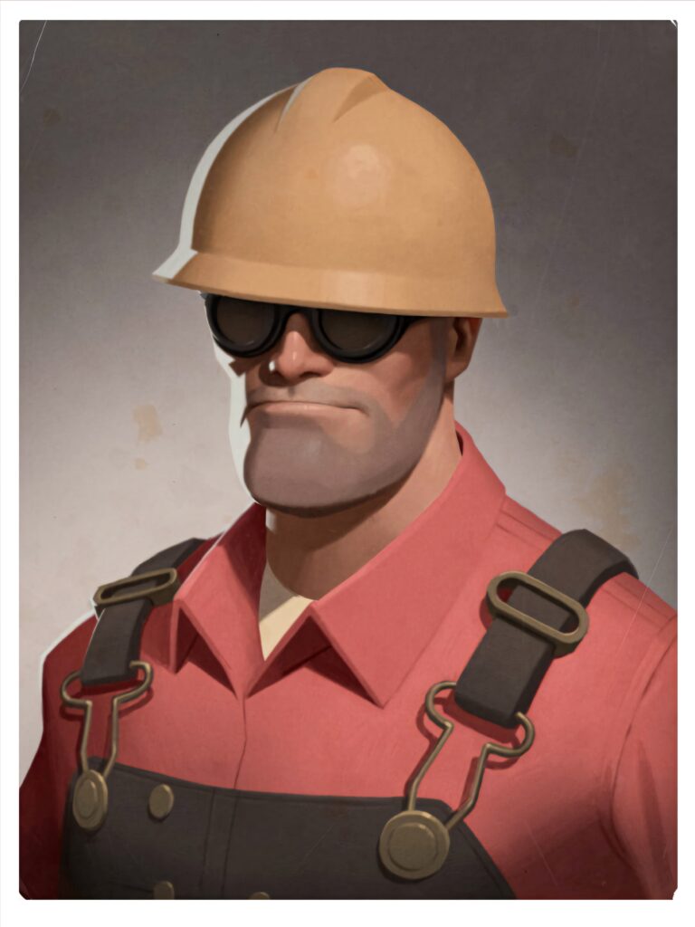 Team Fortress 2 Engineer cartoon wallpaper yellow hard hat goggles red shirt black suspenders