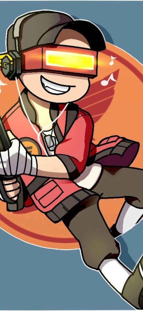 Digital art wallpaper of Team Fortress 2 Scout in red with neon visor and floating music notes