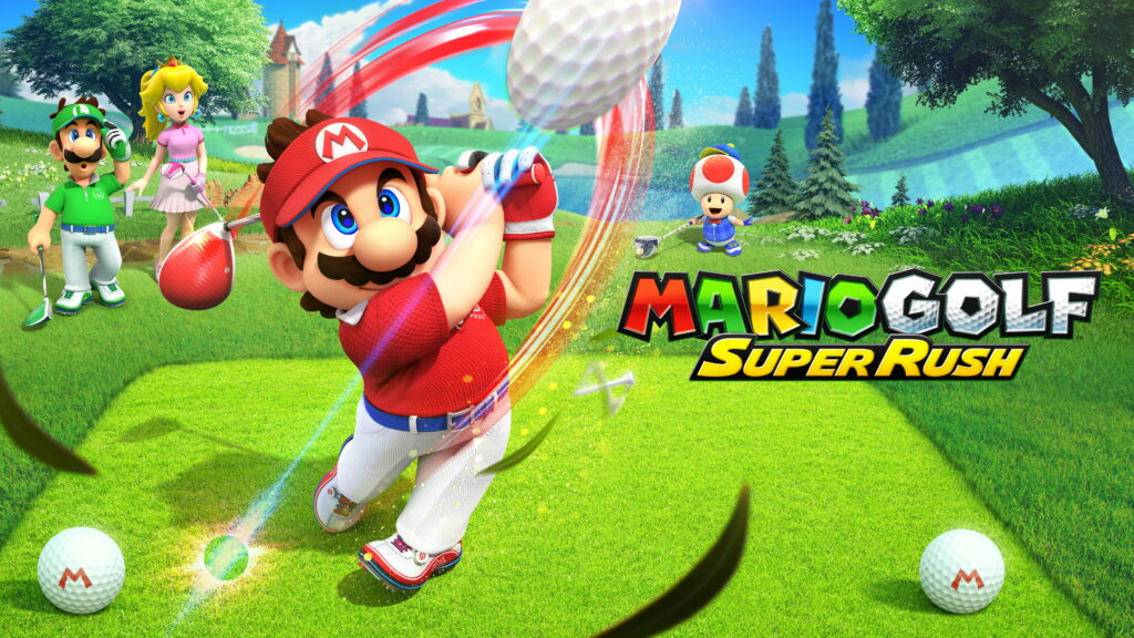 Super Rushing through the Fairway: The Iconic Trio and Toad in HD Gaming Wallpaper