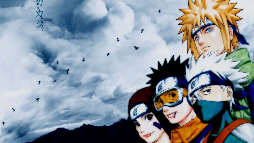Team Minato Naruto wallpaper with Minato Kakashi Obito Rin under dramatic cloudy sky