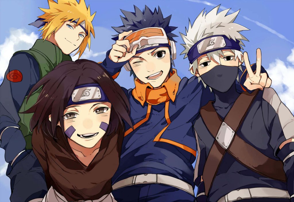 Team Minato Naruto wallpaper with Minato Rin Obito Kakashi bright sky anime illustration