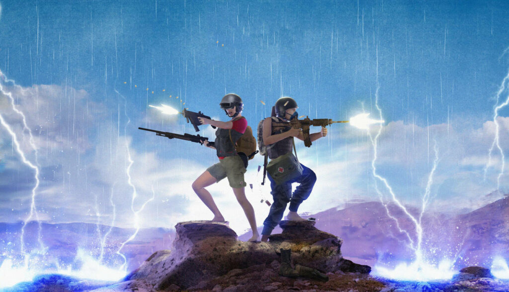 Warriors of Thunder: A United PUBG Squad Unleashes Havoc Amidst Lightning Explosions on a Cliff - 1366x768 Quality Wallpaper