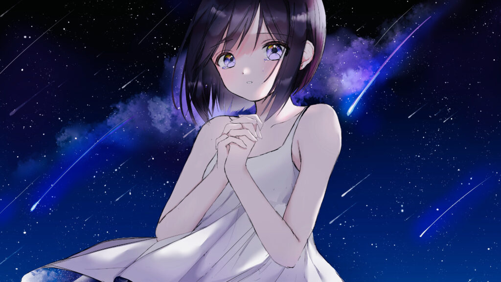 Emotionally Charged Anime Girl Wallpaper with Starry Night Background