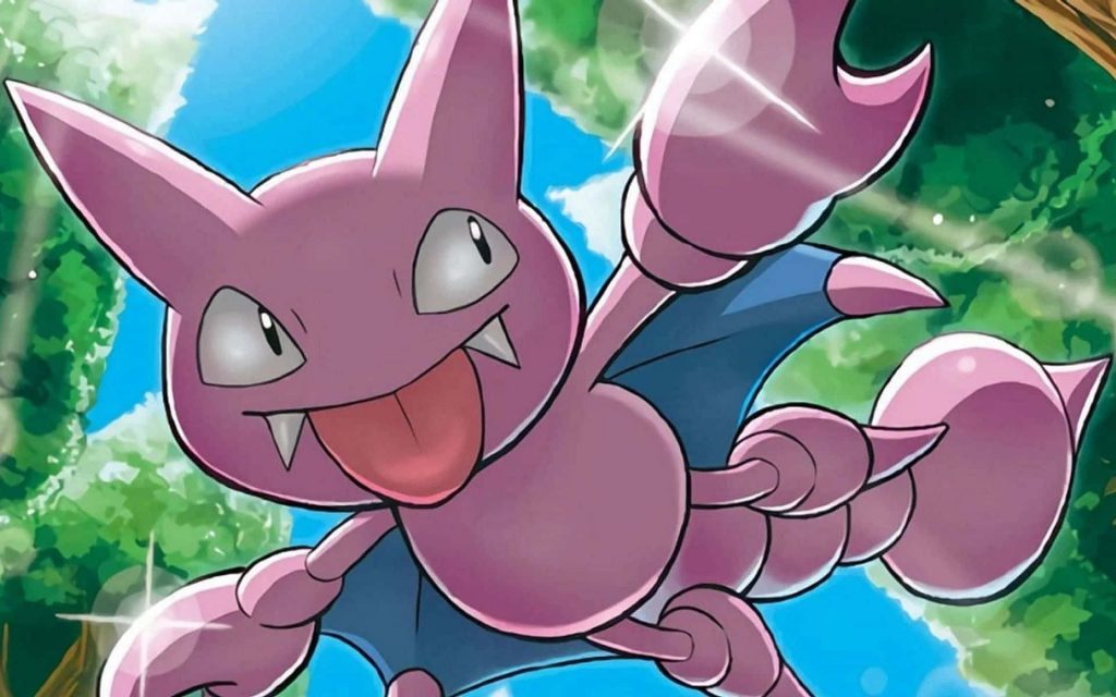 Gligar mid-flight with tongue out in sunny forest vibrant Pokémon wallpaper background