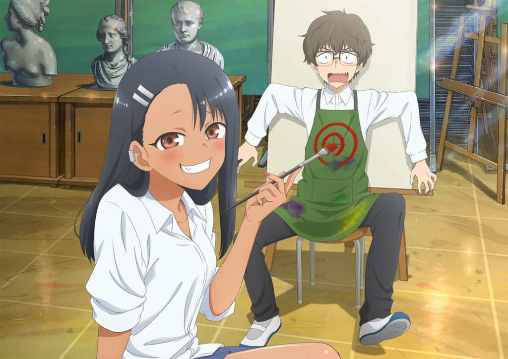 Teasing Nagatoro Engaging in Mischief with Apron-Clad Naoto: A Playful Encounter Wallpaper