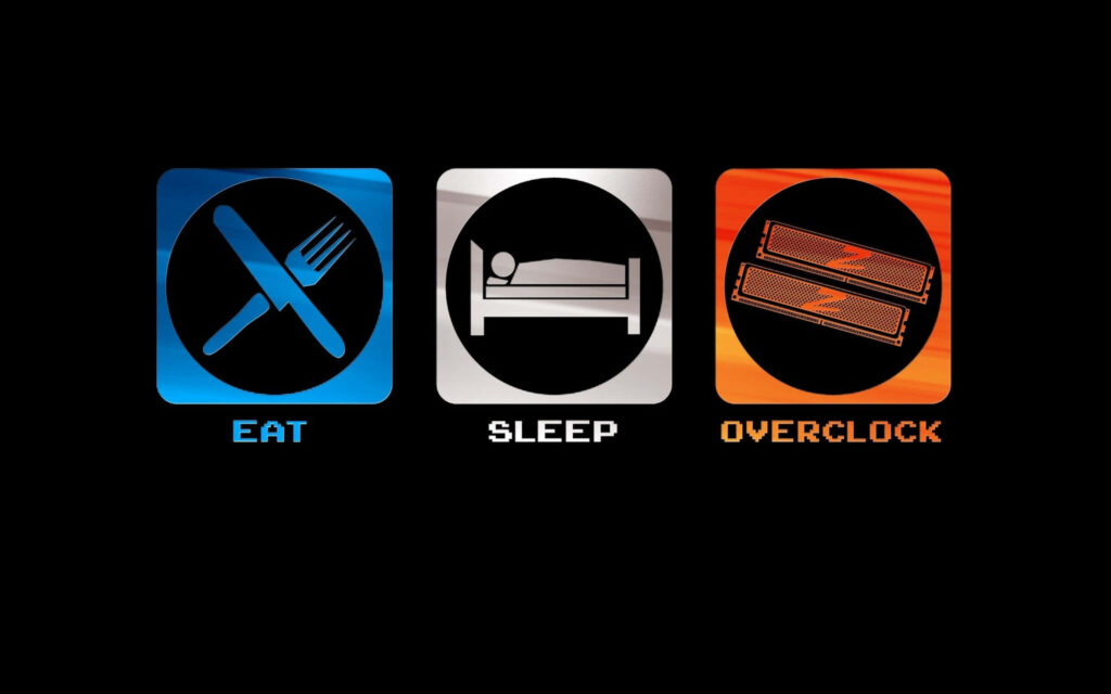 Tech Enthusiast's Daily Routine: Eat, Sleep, Overclock Icons on Black Wallpaper