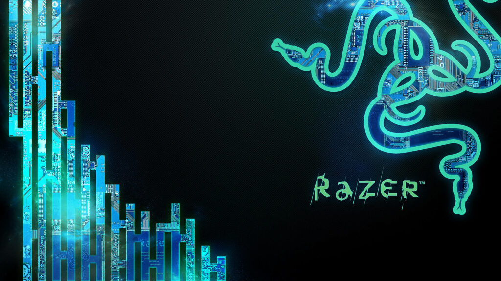 Tech-inspired Blue Electronic Patterns Surrounding Razer PC Logo on Black Background Wallpaper