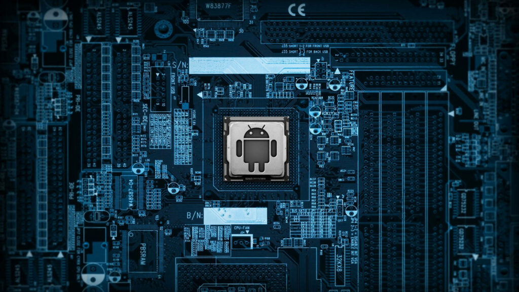 Cybernetic Marvel: Android Emblem Shines on Futuristic Circuitry Wallpaper