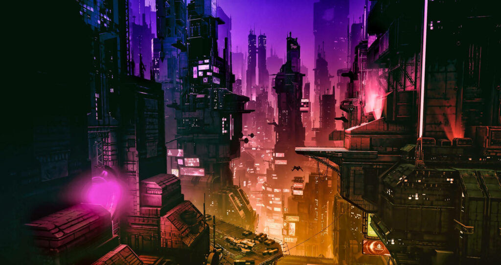 Tech-Saturated Cityscape: A Futuristic Digital Landscape of Ad-Clad Skyscrapers Wallpaper