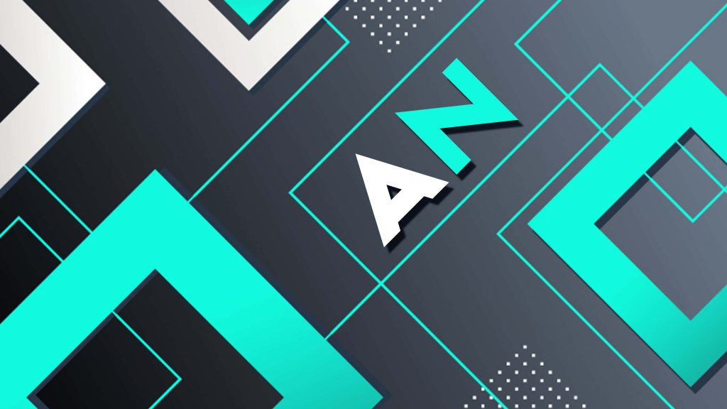4K tech wallpaper with stylized AN text geometric cyan squares on dark grey gradient background