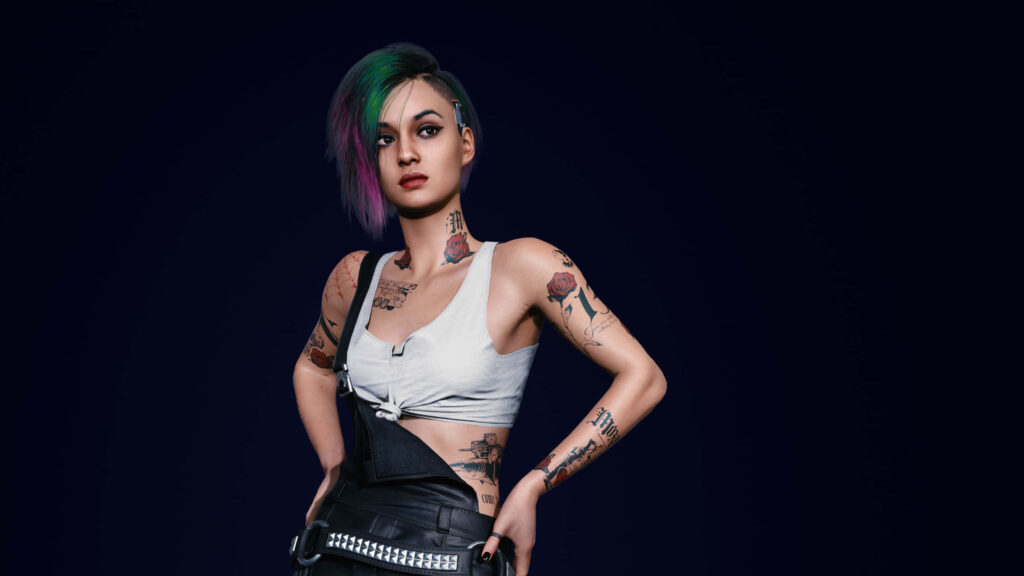 The Enigmatic Techie: Judy Alvarez Shines in Cyberpunk Cityscape Wallpaper