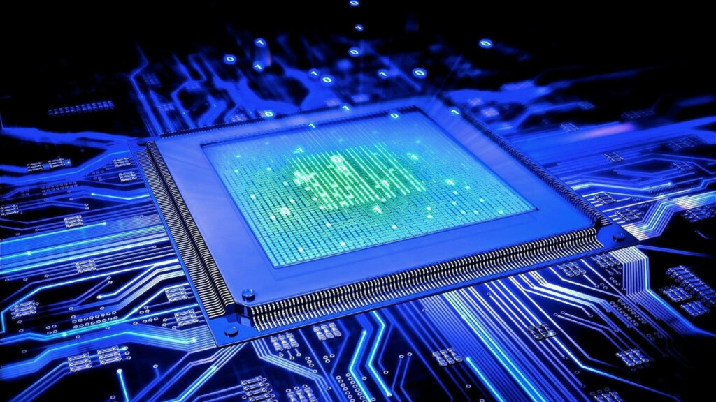 Captivating Illumination: Exploring the Enigmatic Brilliance of an Electronics Chip on a Striking Blue Background Wallpaper