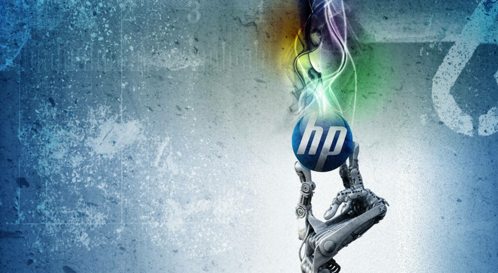 Tech Marvel: Vibrant Robot Hand Grasping Fiery Hp Logo on Textured Blue Background Wallpaper