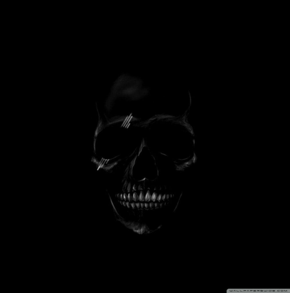 Techno-Tribal: An Eerie Black Android Skull with Intricate Grey Line Patterns Wallpaper