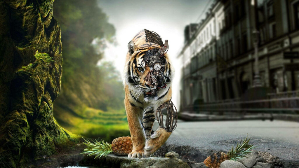 Android Tiger Revealed: A Unique Striped Feline Unveils a Tech-Savvy Core as a Stunning Background Wallpaper