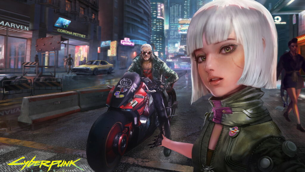 Hi-Tech Encounter: Cyberpunk 2077, Biker Peeps Through QHD Digital Landscape Wallpaper
