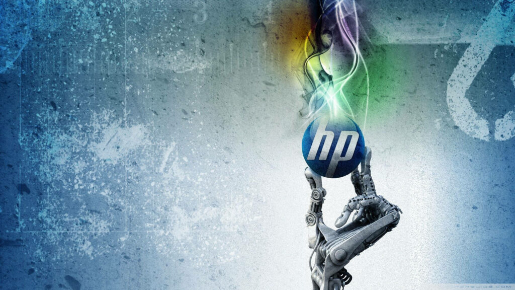 Futuristic robotic hand reaches glowing HP logo with vibrant light trails on blue textured background Wallpaper