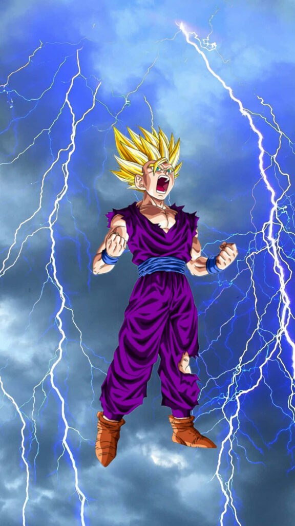 Teen Gohan powered up in ripped purple gi with blue lightning bolts stormy sky anime wallpaper
