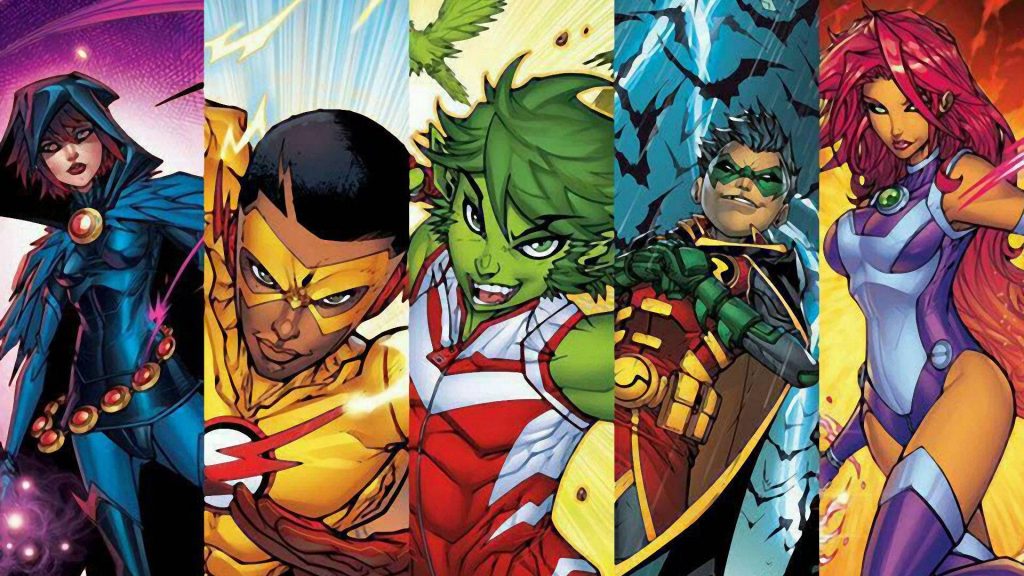 Teen Titans collage wallpaper with Raven Kid Flash Beast Boy Robin Starfire vibrant comic art