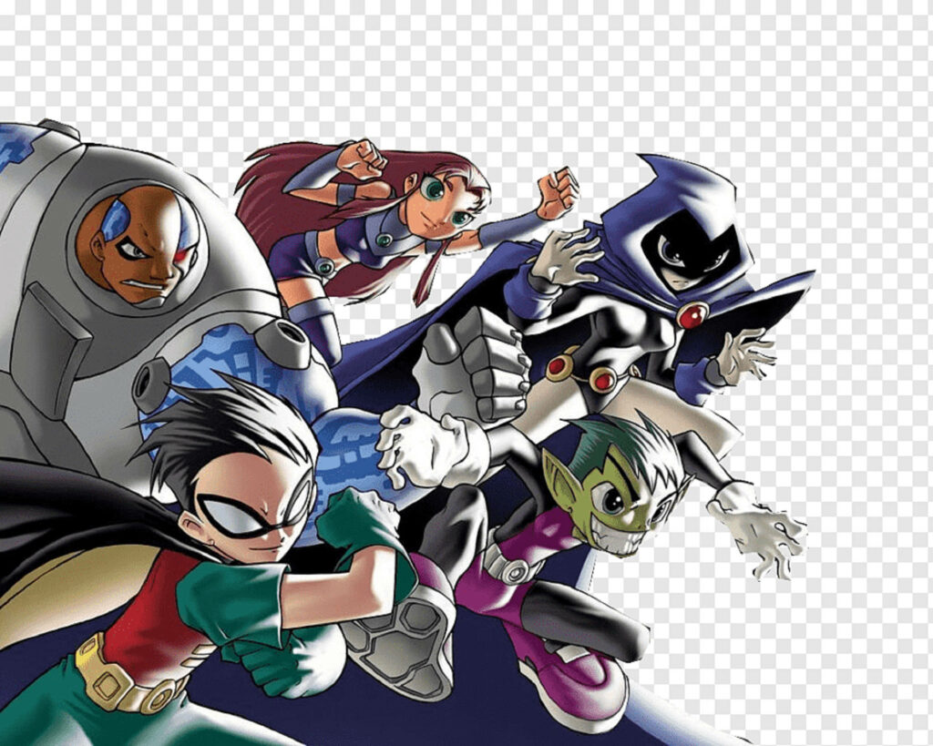 Teen Titans wallpaper with Robin Starfire Cyborg Raven and Beast Boy in dynamic action poses