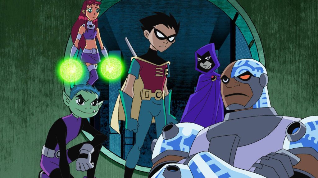 Teen Titans team Robin Starfire Beast Boy Raven Cyborg in Titans Tower 2D animated wallpaper